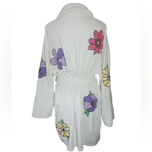 Agean Apparel Terrycloth Short Robe White Floral Embroidery 90s Y2K Vtg OSFM - Picture 3 of 11